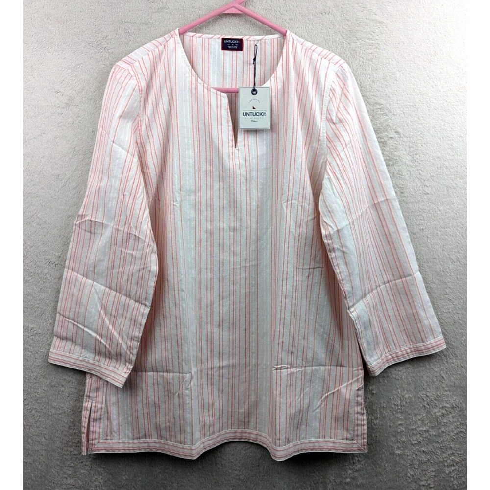 Untuckit sz 16 Tunic Blouse Durfort pink white stripes ls shirt top 1397